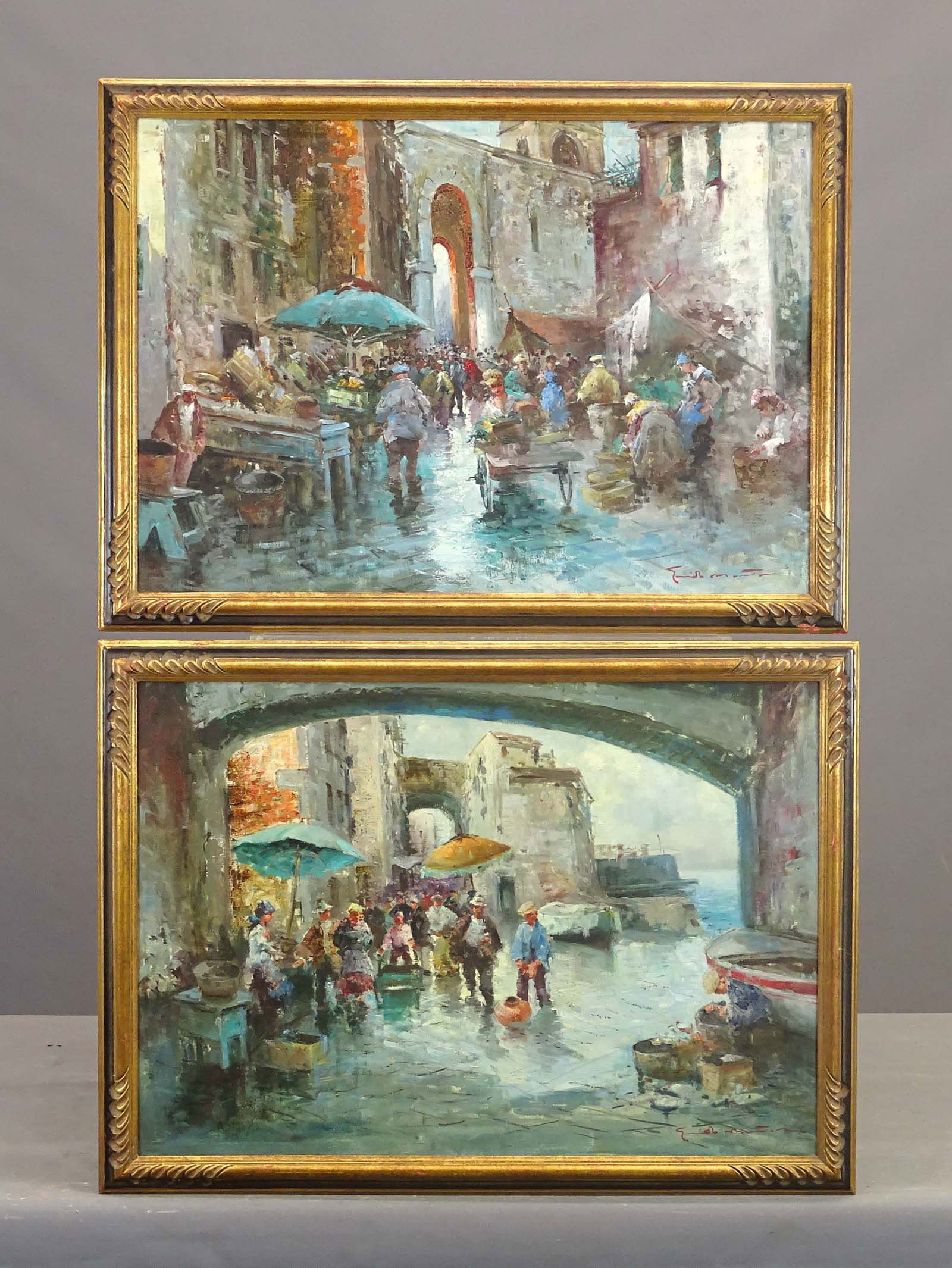 Pair of Italian School Paintings: Pair of Italian School paintings. Street scenes. Oil on canvas. Labels verso. Overall 22" x 30".