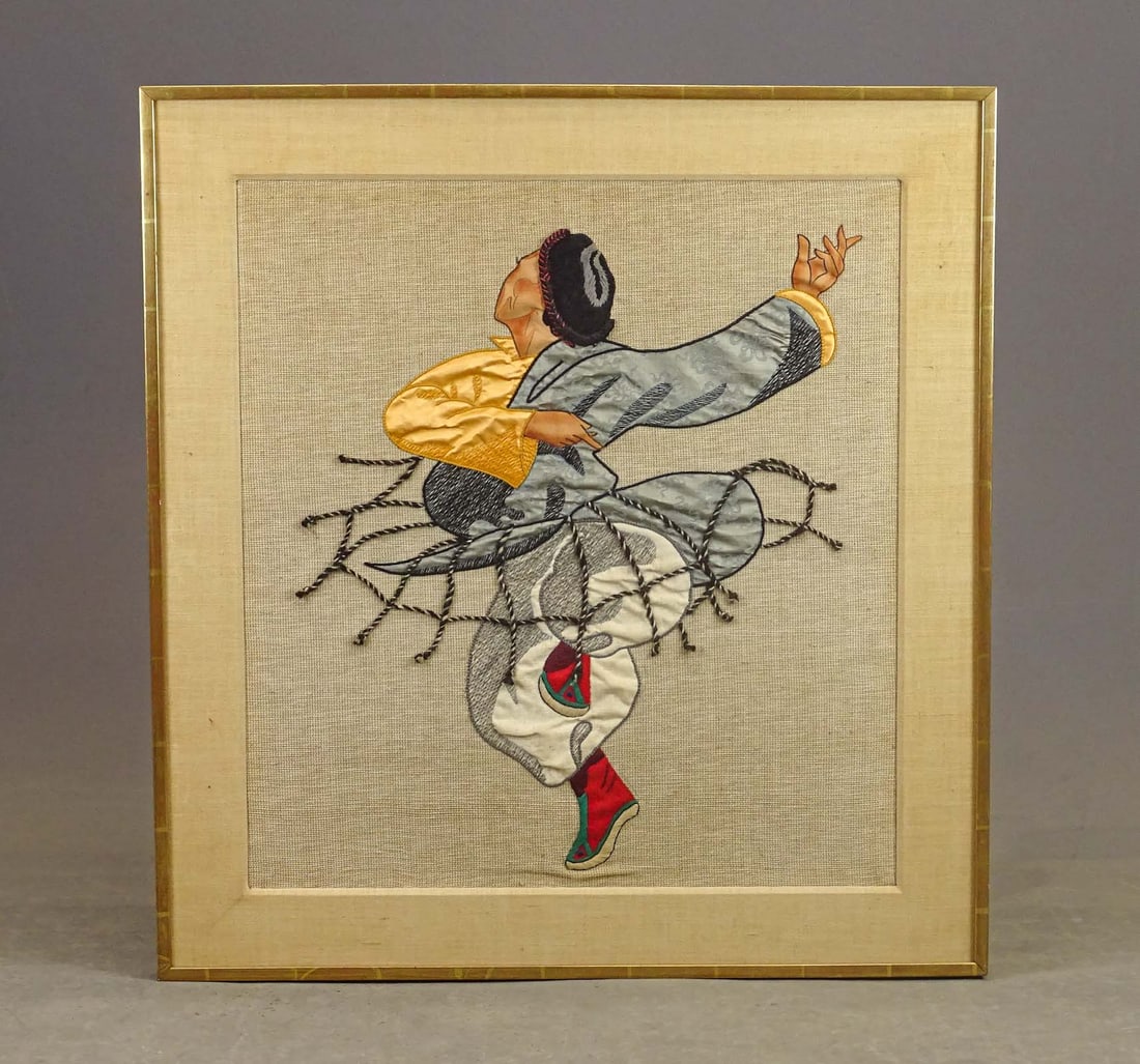 Needlework: Vintage silk needlework of figure dancing. Overall 32" x 30".
