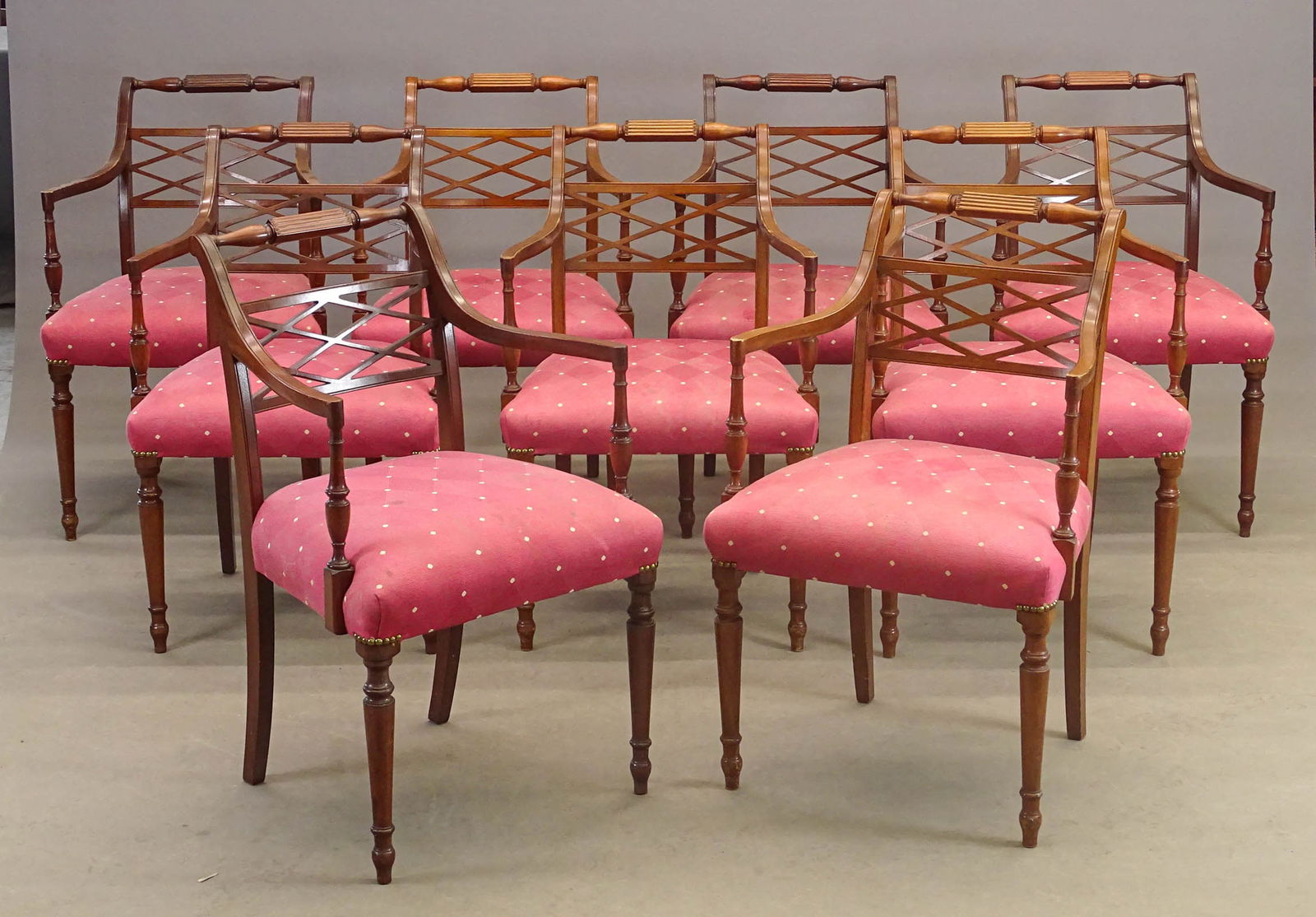Set of (9) Mahogany Chairs: Set of (9) mahogany Hepplewhite style armchairs. 18" seat Ht., 34" overall Ht..
