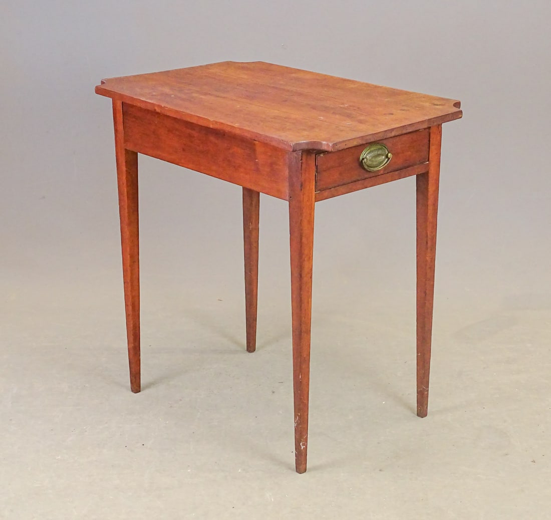 18th c. Hepplewhite Stand: C. 1800 shaped top single drawer Hepplewhite stand with tapered legs. 28" x 18 1/2" x 28" Ht..