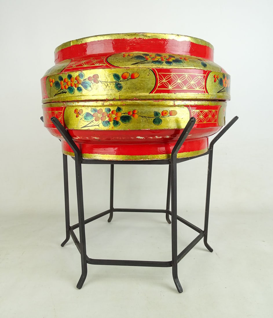 Chinese Box on Stand: Chinese polychrome painted storage box on metal stand. Box 15" D., 9" Ht., 19" Ht. on stand.