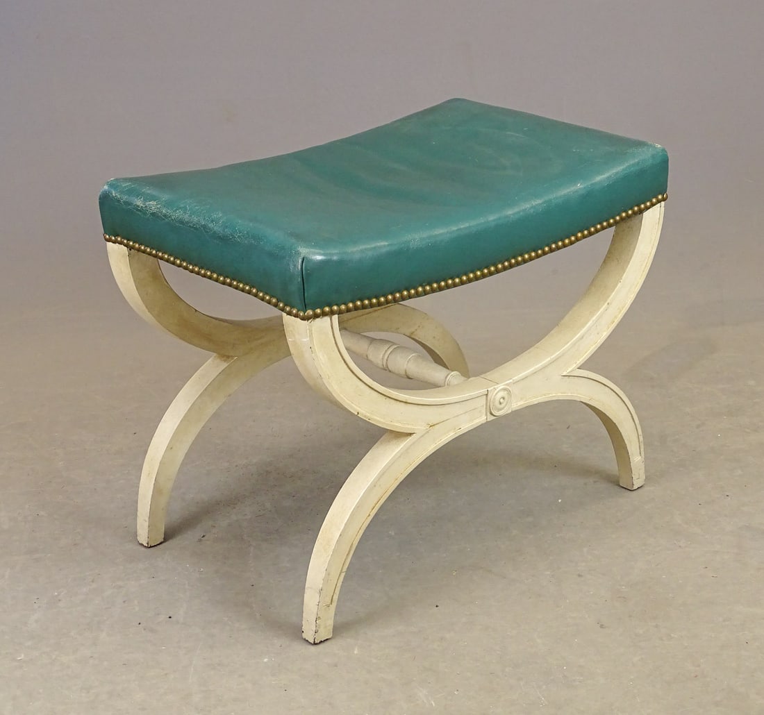 Curule Stool: Curule stool in white paint. 23" x 15" x 19".