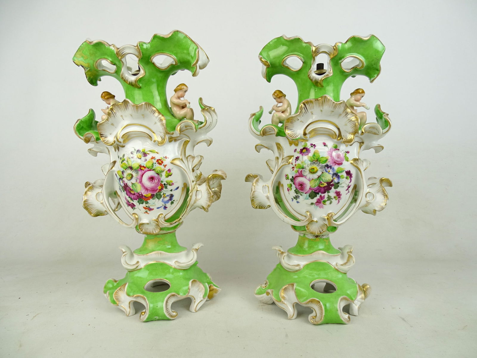 Pair of Porcelain Garniture Vases: Pair of early hand painted porcelain garniture vases. As found, both formerly electrified.