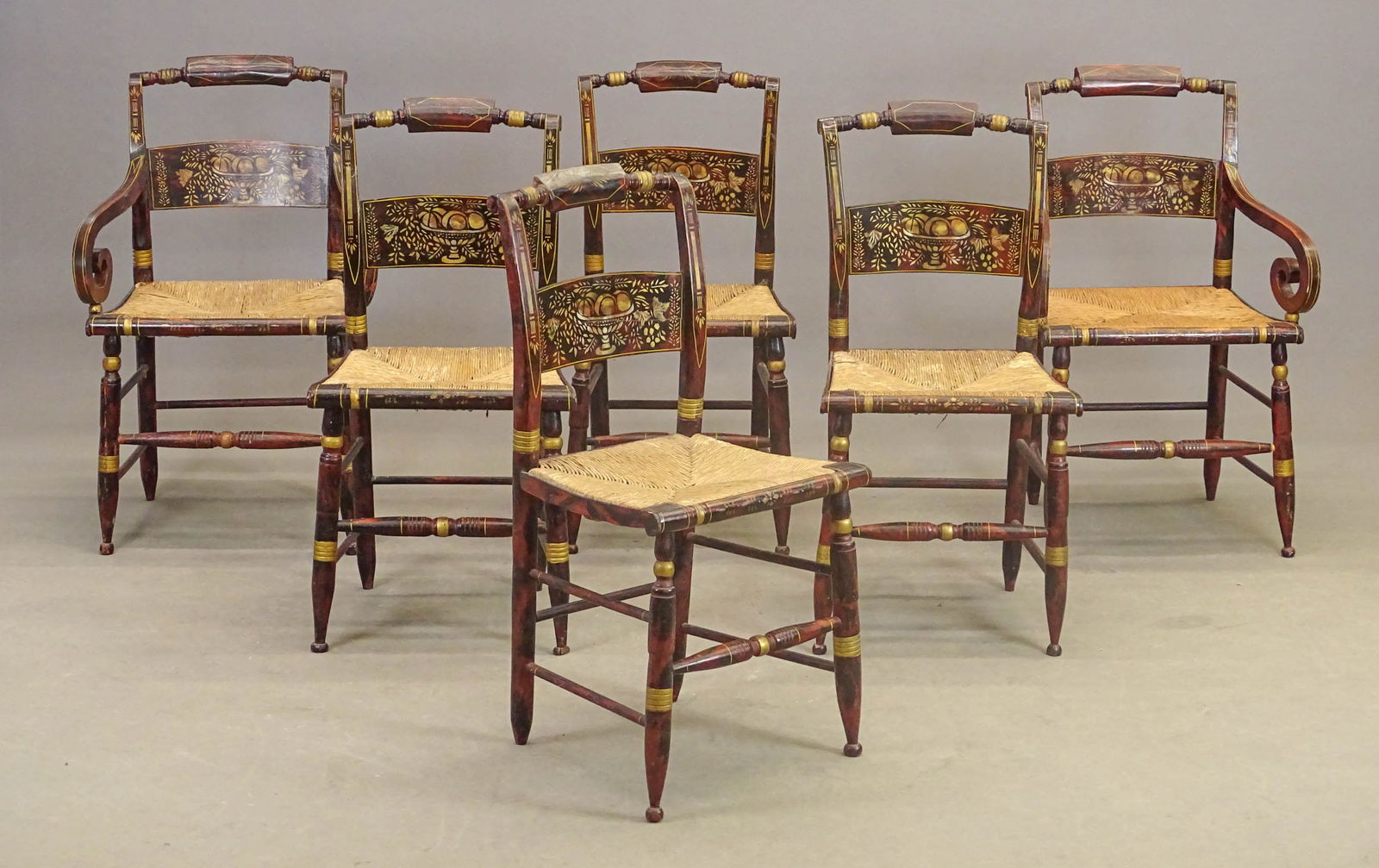 Set of (6) 19th c. Sheraton Chairs: Set of (6) 19th c. paint decorated Sheraton chairs with rush seats. 18" seat Ht., 33 1/2" overall Ht..