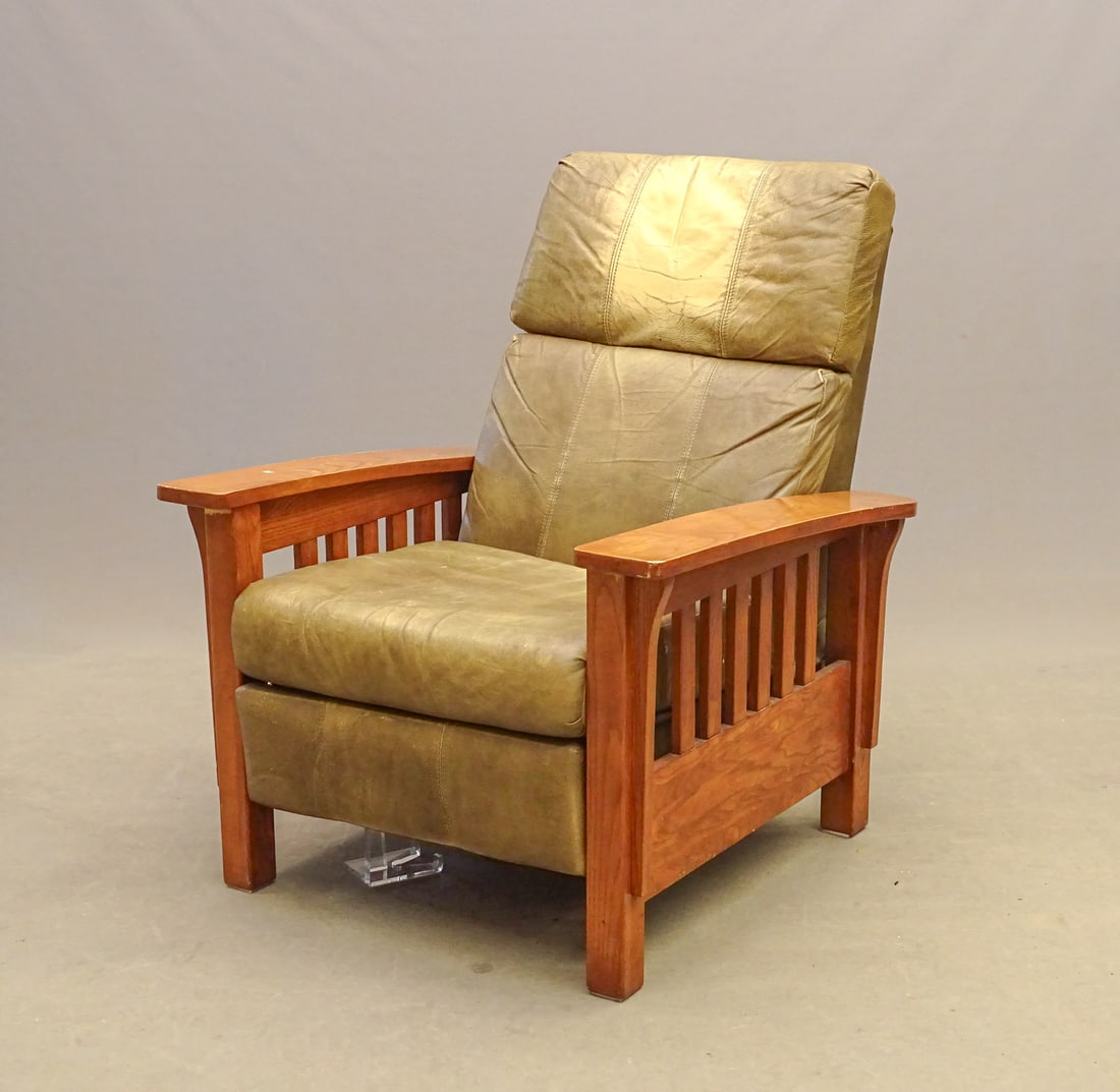 Stickley Style Reclining Chair: Stickley style reclining chair. 34" x 21' x 42" Ht.. Bracket on foot rest damaged.