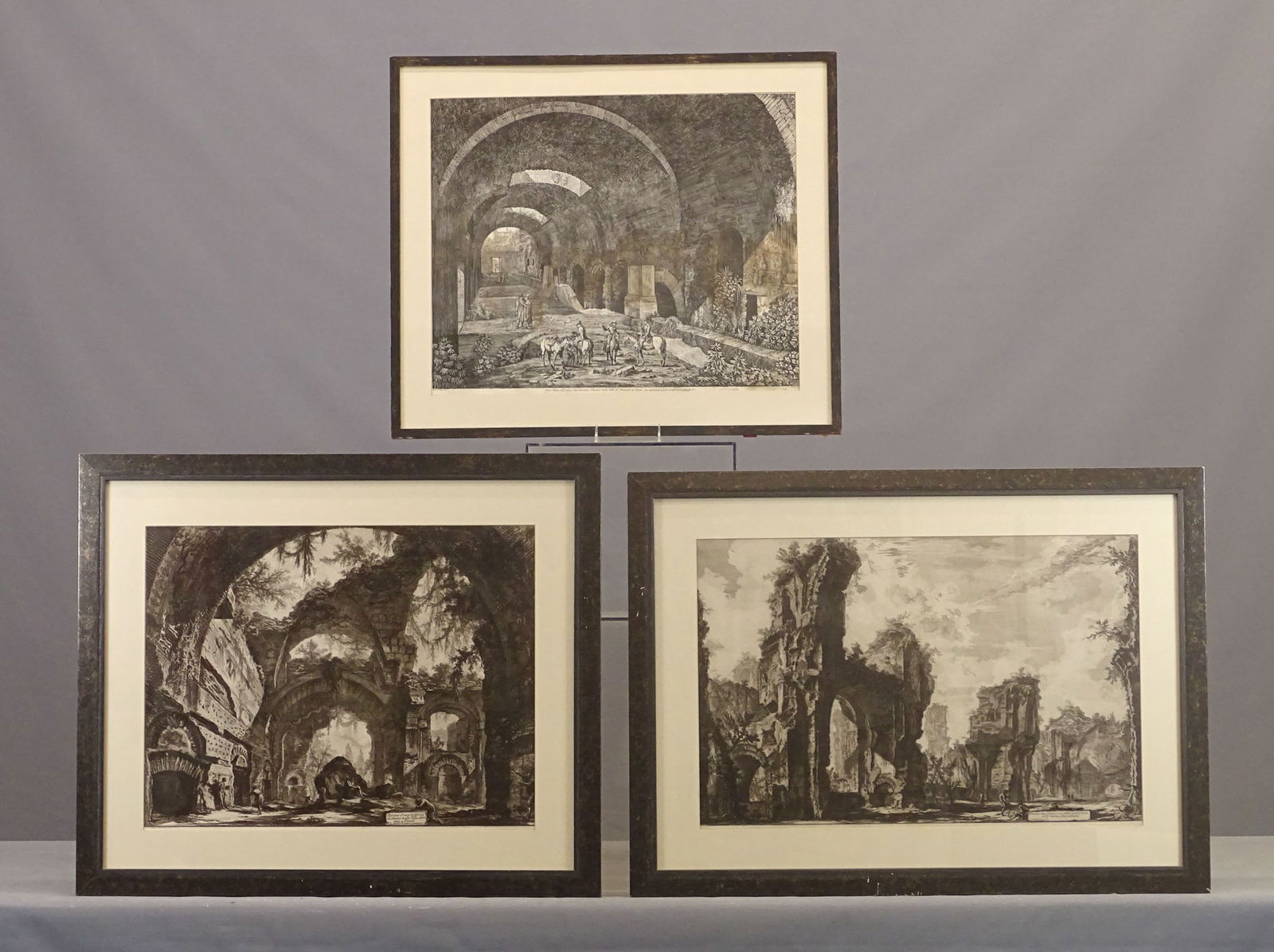 Piranese Engravings: Three early Piranese engravings. Frames 23" x 27", 26" x 31", 25" x 32".