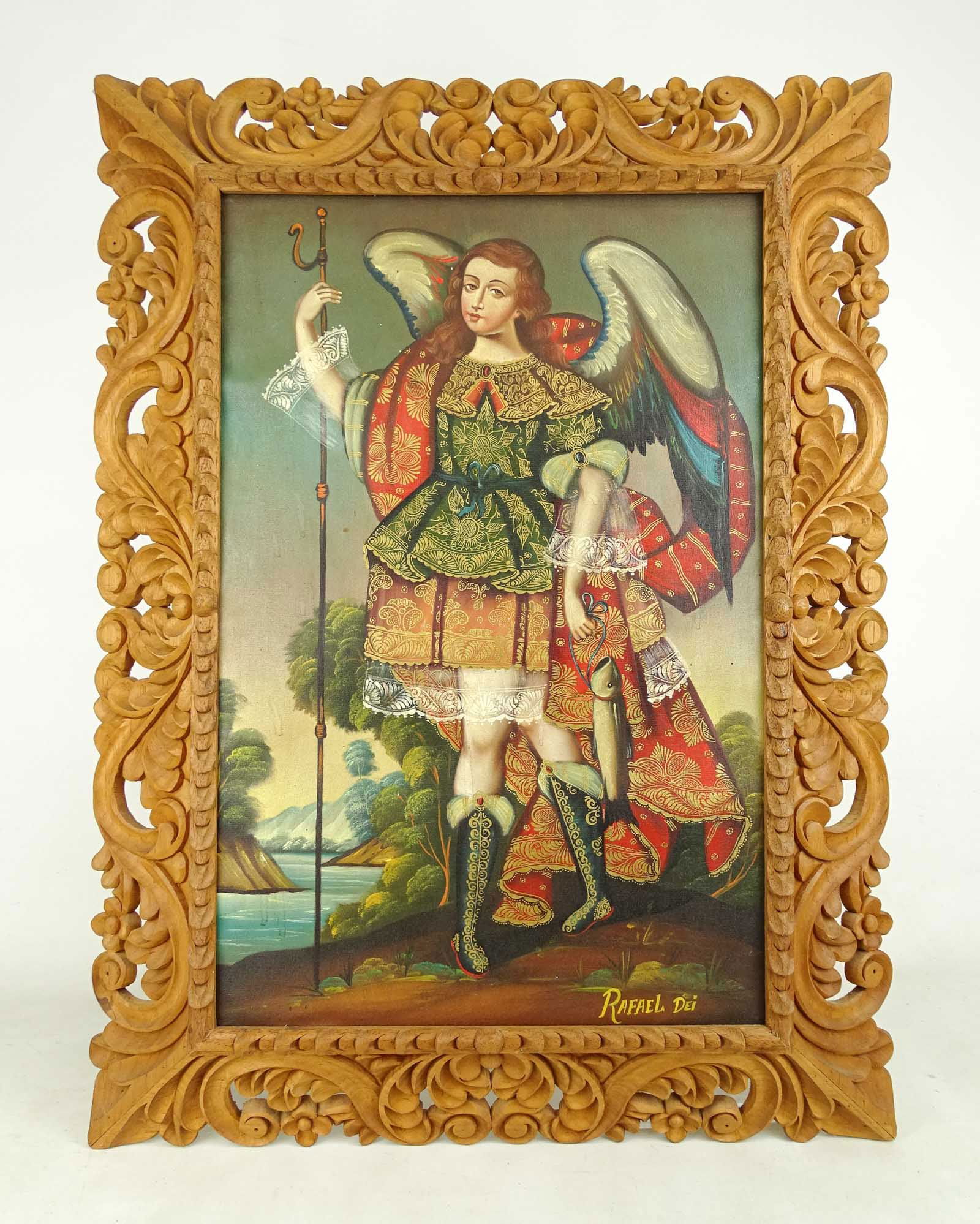 Spanish School Saint Painting: Painting: Spanish School of Saint. Signed Rafael Dei. Overall 24" x 31". Carved wooden frame. Oil on canvas.