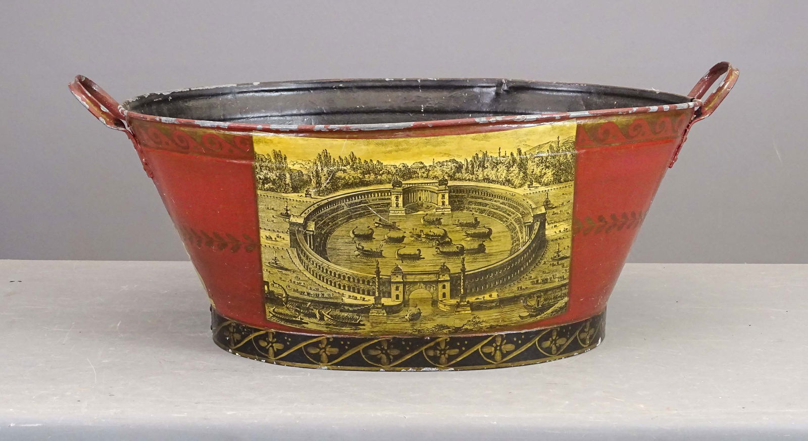 Tole Wash Tub: Tole decorated wash tub. 31" x 19" x 11" Ht..