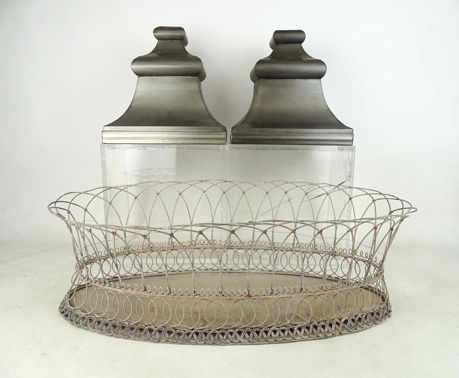 Wire Basket Lot: Lot including decorative wire basket (24" x 12" x 8"), and pair ot Mexican tin wall shelves (11" x 7" x 11").