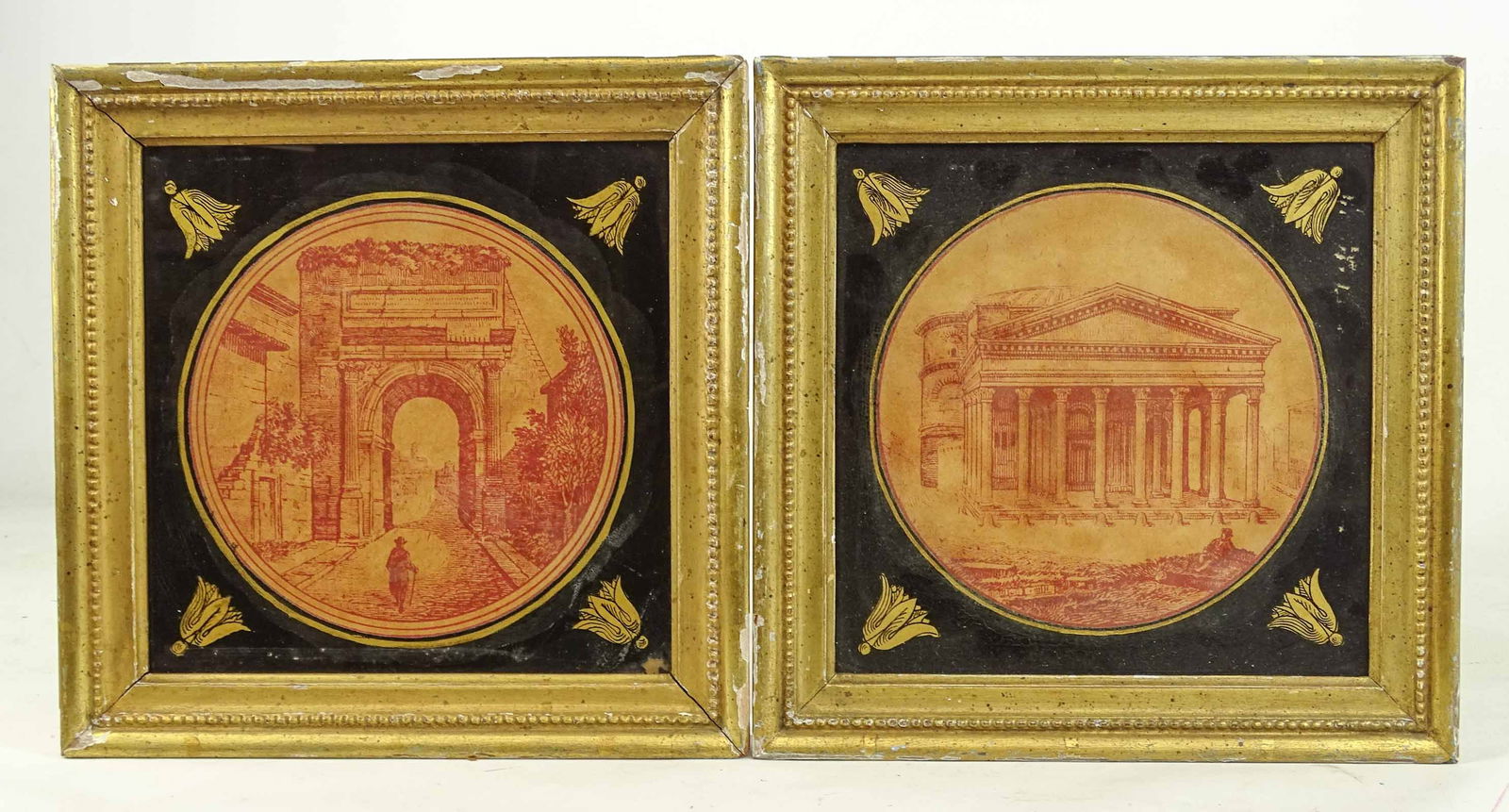 Pair of 19th c. Italian Prints: Pair of 19th c. Italian prints with reverse painted glass. Overall 9" x 8 1/2". Labeled reverse "BORGHESE".