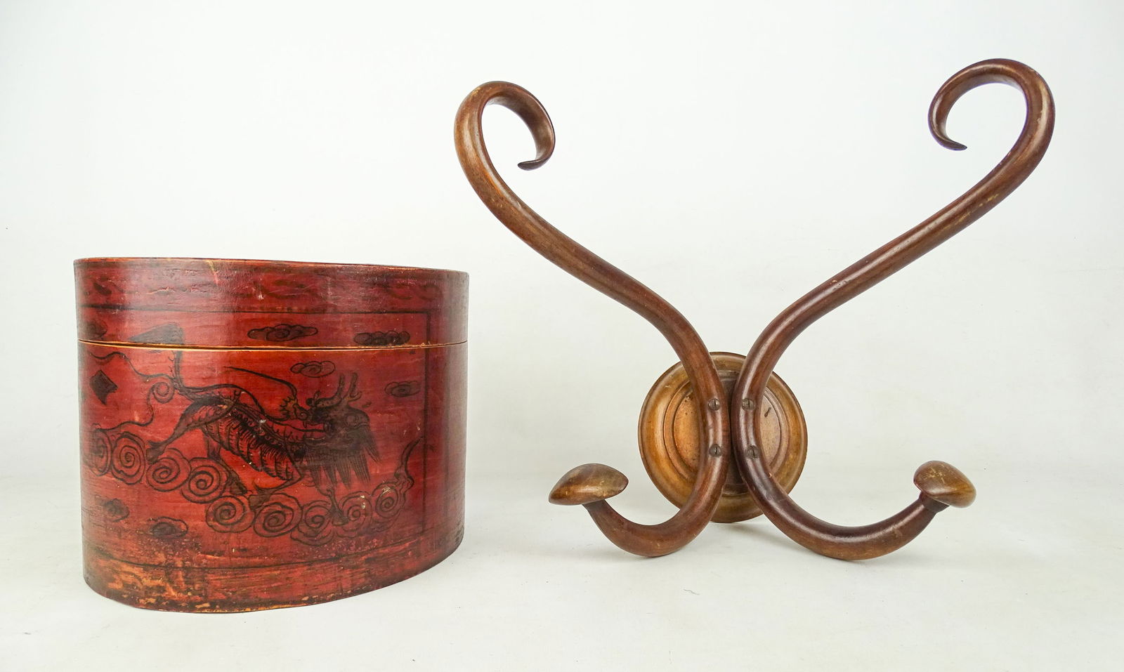 Hat Box and Bentwood Rack Lot: Lot including: Aiden Gray hat box (10" D., 7" Ht.), and bentwood wall rack (14" x 13").