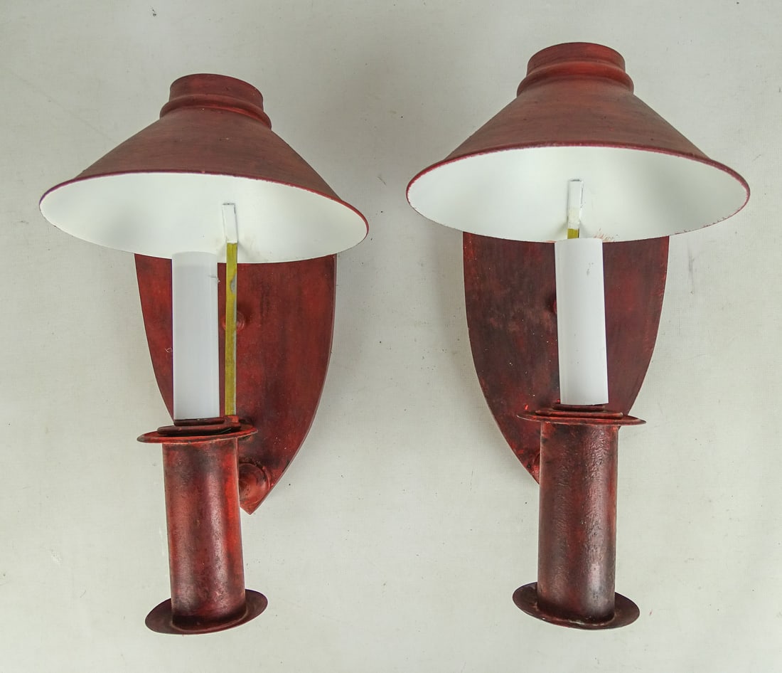 Pair Tole Wall Sconces: Pair of tole wall sconces (12" L.), along with (4) tole shades.