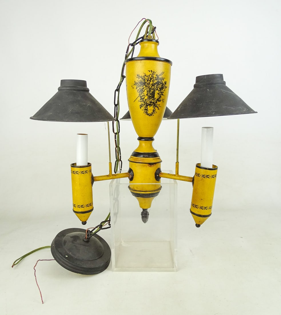 Tole Chandelier: Tole hanging chandelier with shades. 12" D., 16" Ht..