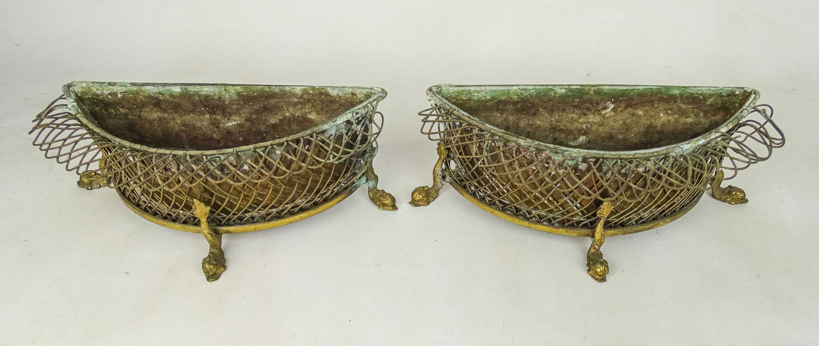 Pair French Brass Planters: Pair of French brass wire work planters with insets. Dolphin feet. 12" x 6" x 5" Ht..