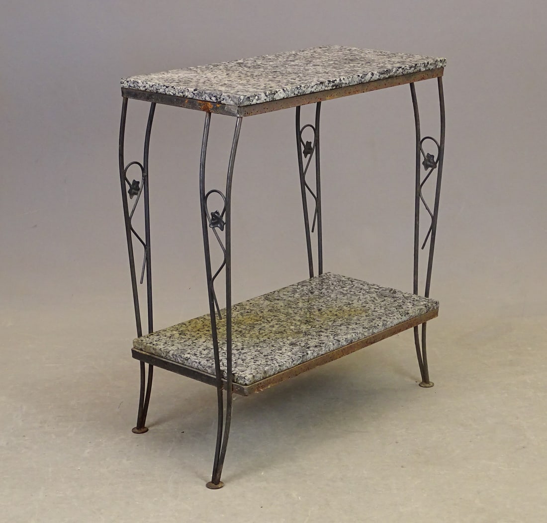 Marble Top Wrought Iron Stand: Marble top wrought iron stand (also marble on base shelf). 25" x 13" x 30 1/2".