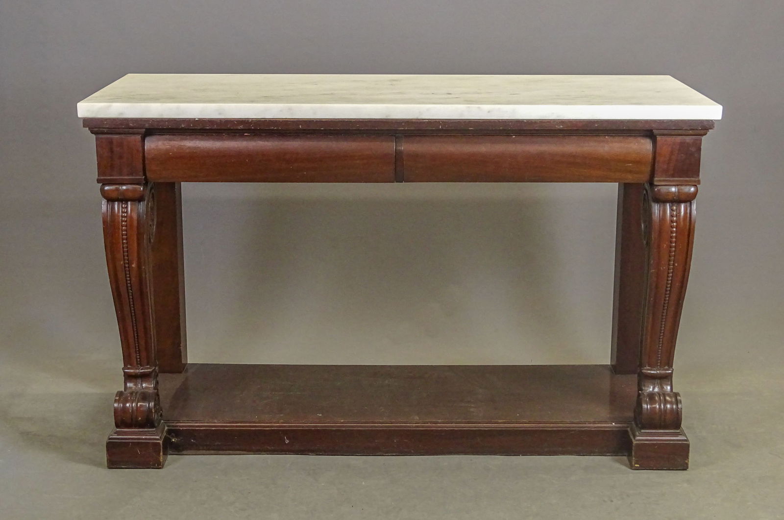 19th c. Mahogany Marble Top Server: Impressive 19th c. mahogany marble top server. 61" x 25" x 36" Ht.. Note marble thick and heavy for shipping.