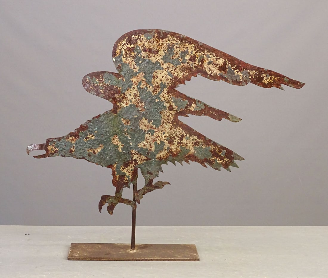 Sheet Metal Eagle Weathervane: Sheet metal eagle weathervane. Traces of old blue paint, worn surface. Comes with base. 25" x 38".