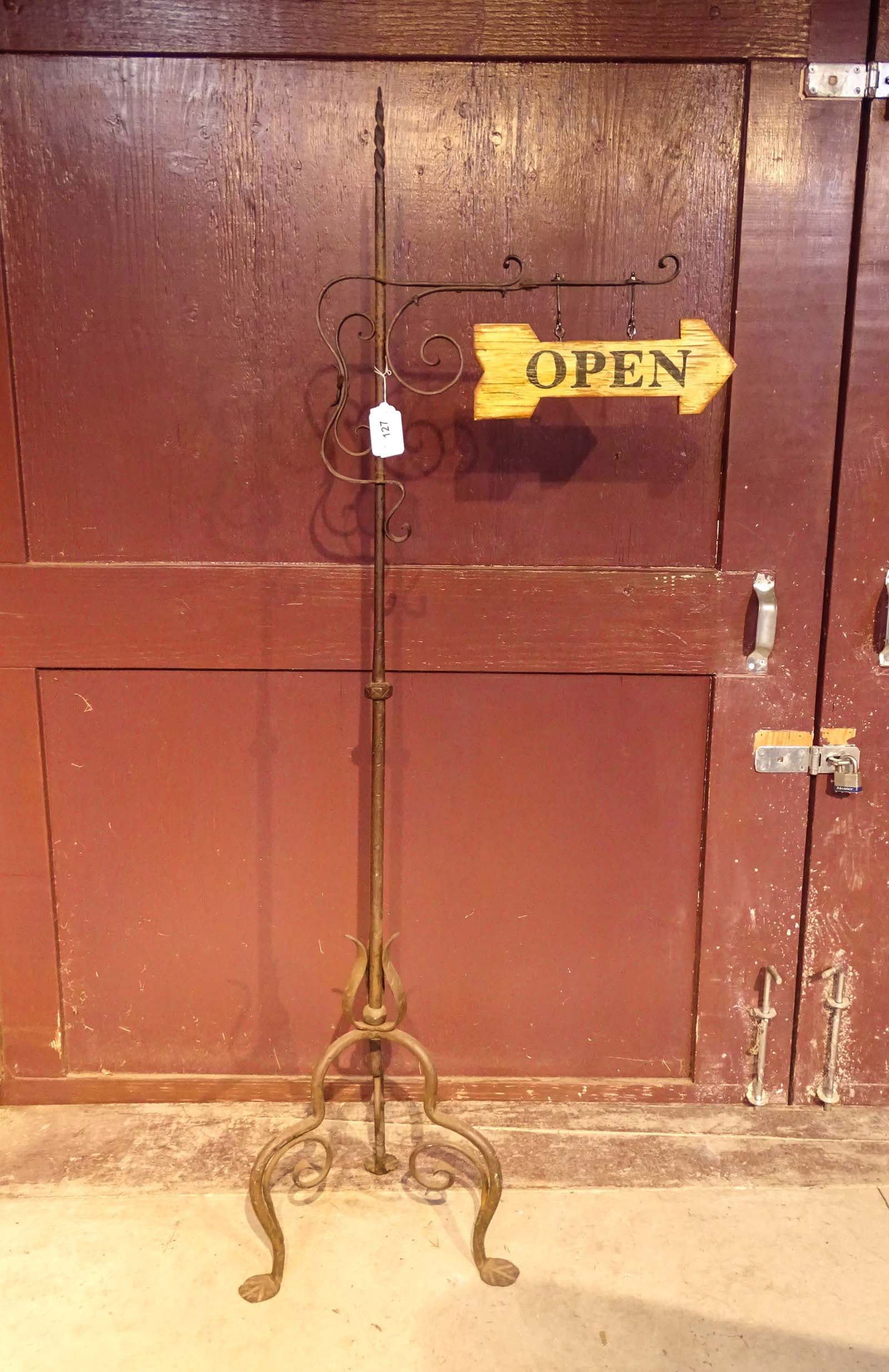 "OPEN" Sign: Wrought iron base with "OPEN" sign. Repurposed from lamp base. 22" W., 67" Ht..