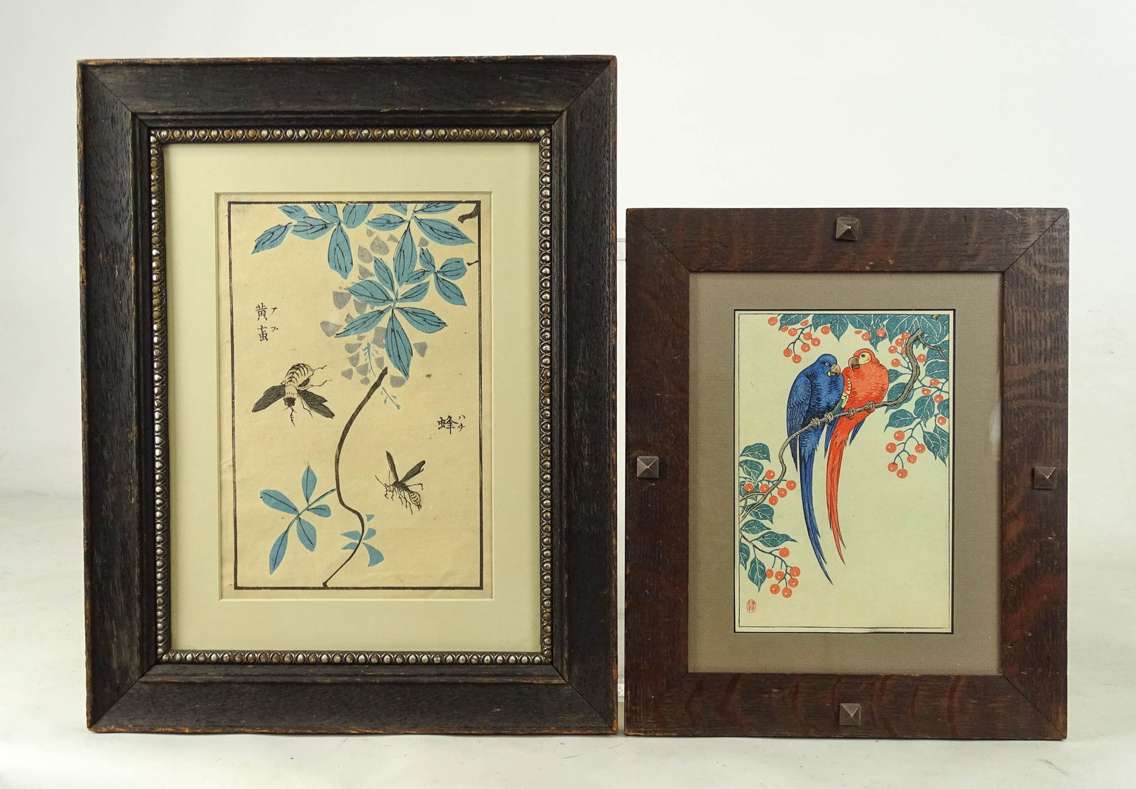 Two Japanese Woodblock Prints: Two early framed Japanese woodblock prints. Both in oak frames (overall 12" x 9 1/2" and 15" x 12").