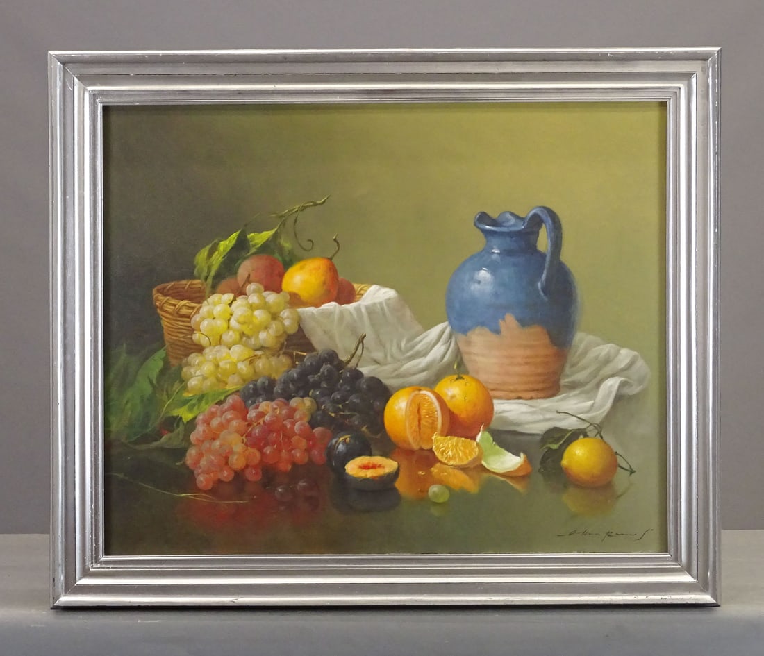 Oskar Ramos (b. 1948): Painting: Oskar Ramos (b. 1948), still life. Oil on canvas. Signed LRC. Overall in frame 29" x 36".