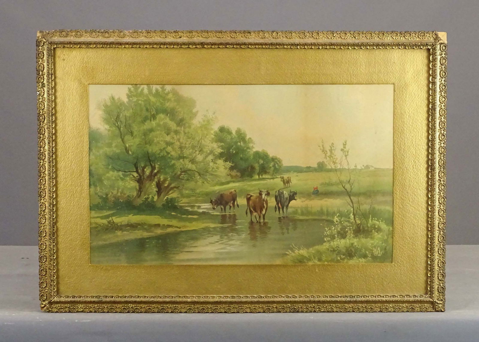 19th c. Print Cows in Landscape: 19th c. print "Cows in landscape". Overall in frame 23" x 32".
