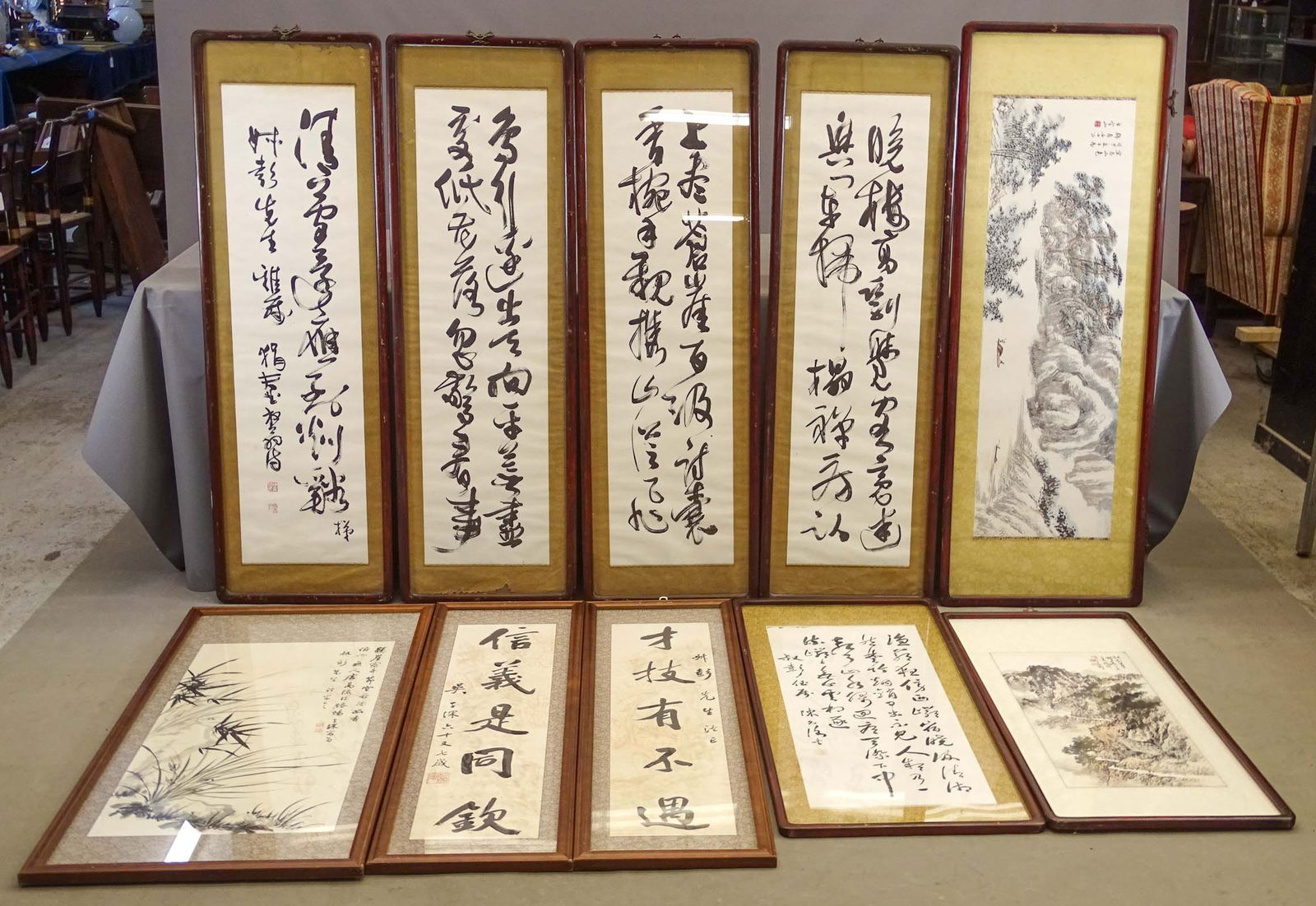 Collection of (10) Original Asian Watercolors.: Collection of (10) original Asian Calligraphy's and scenes. Includes (4) 52" x 17", 38" x 18", 39 1/2" x 18 1/2", 44" x 22", (2) 43" x 13 1/2", 19" x 53".