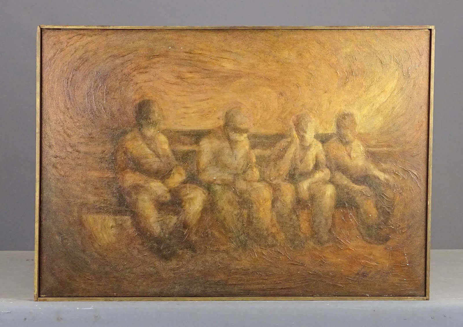 Painting: Four Men on a Bench: Painting: Four Men on a Bench. Oil on canvas. Signed indistinctly LRC. Overall 21" x 29 1/2".
