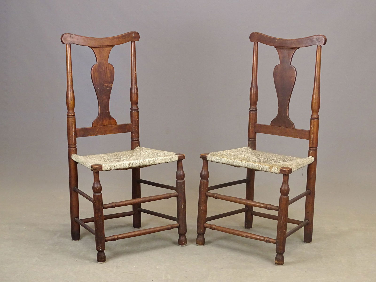 Pair of 18th c. Chairs: Pair of 18th c. Queen Anne side chairs with original painted rush seats. Probably Hudson Valley. 18" seat Ht., 39" overall Ht..