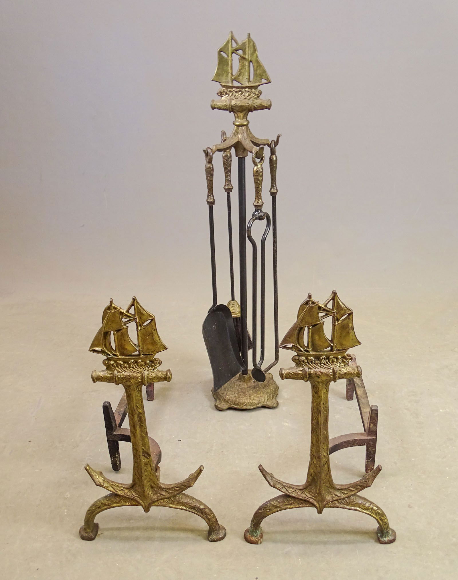 Sailing Ship Andirons and Firetools: Lot including pair of metal Sailing Ship andirons (19 1/2" Ht., 19" D.), and firetool set (32" Ht.).