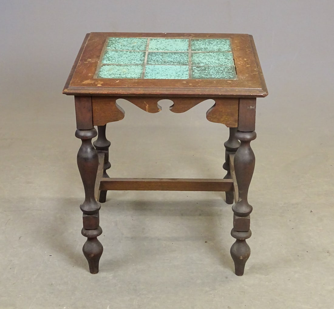1920's Tile Top Table: 1920's tile top table. Tiles in the style of Fulper. 18" x 18" x 20" Ht..