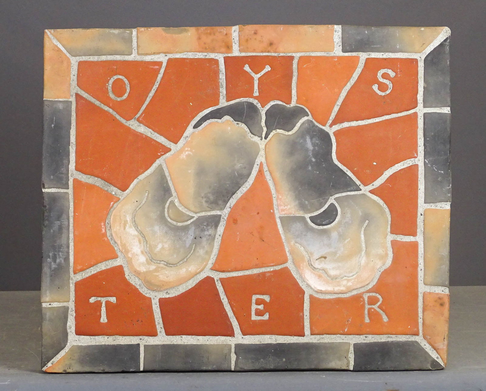 Mercer / Moravian Tile Frieze: Mercer / Moravial tile frieze. Signed and dated on back. Reissue 1991. Marked on front "OYSTERS". Note heavy for shipping. 23" x 19" x 2" thick.