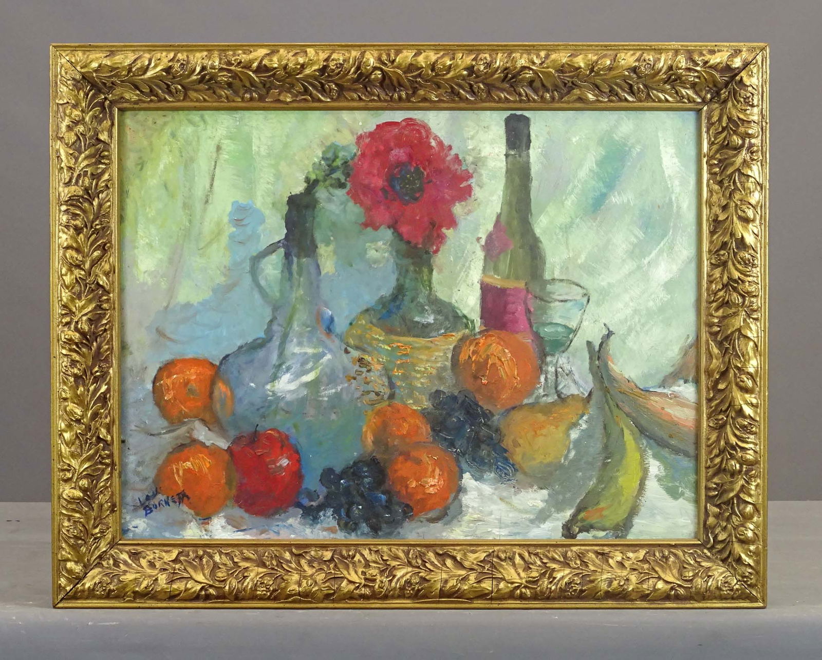Painting Signed Lou Burnett: Painting: Still life signed Lou Burnett. Overall in frame 23" x 29".