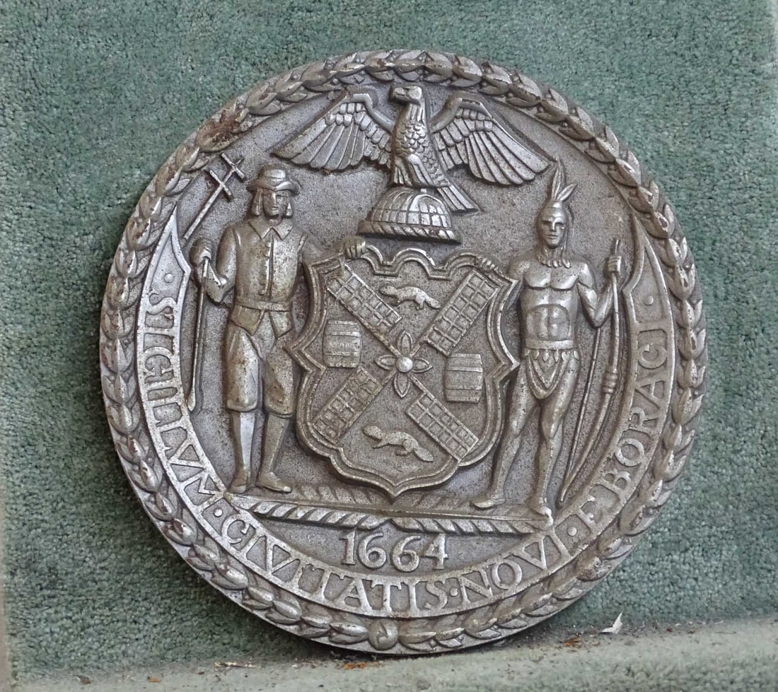 Cast Iron Seal of The City Of New York: Cast iron Seal of the City of New York. 18" D., 2" thick. Note heavy for shipping.