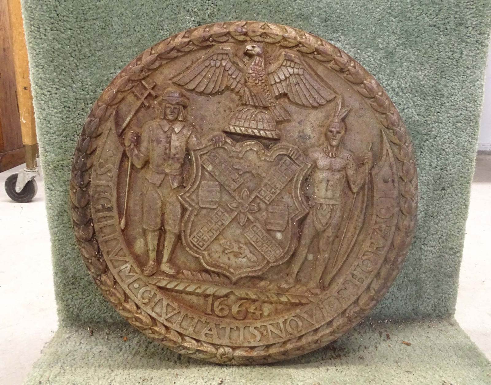 Cast Iron Seal of The City Of New York: Cast iron Seal of the City of New York. 18" D., 2" thick. Note heavy for shipping.