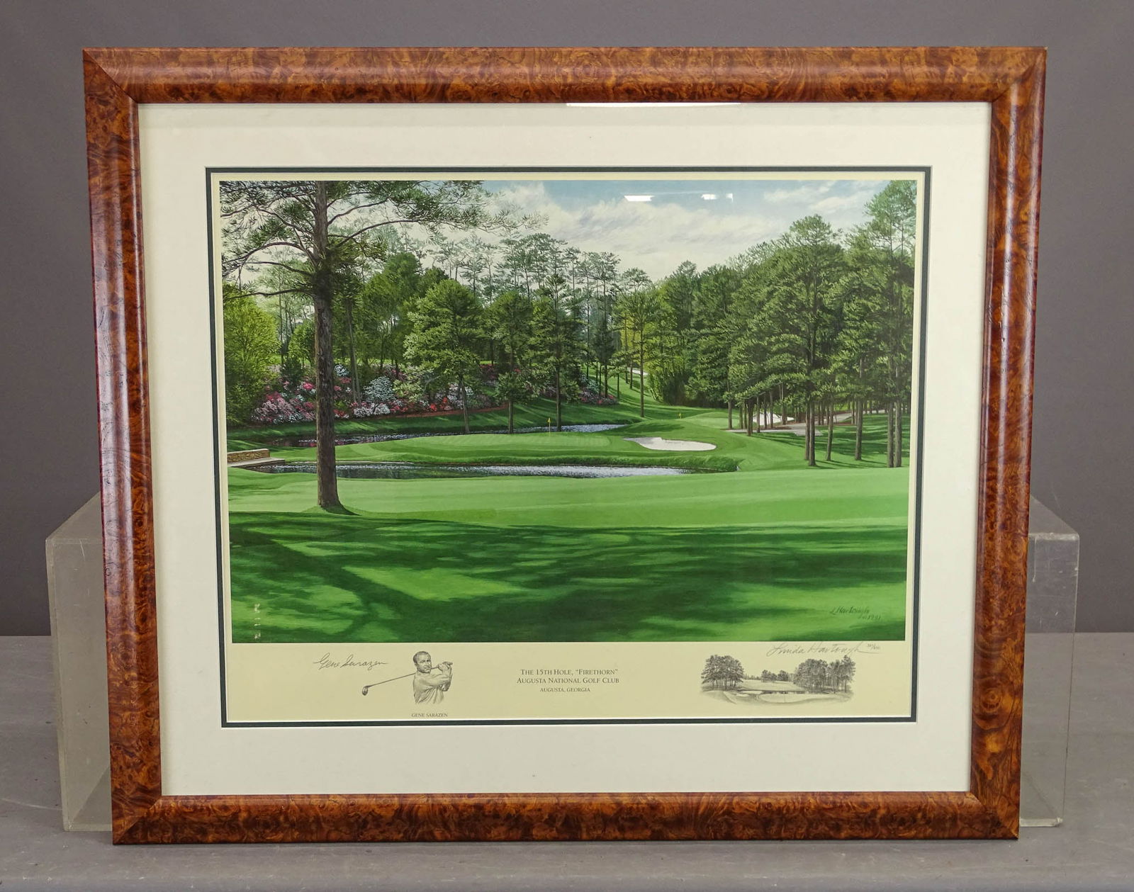 Golf Print: Signed and numbered Augusta golf print. #321/850, artist Linda Hartough. Overall 30 1/2" x 36", also pencil signed Gene Sarazen.
