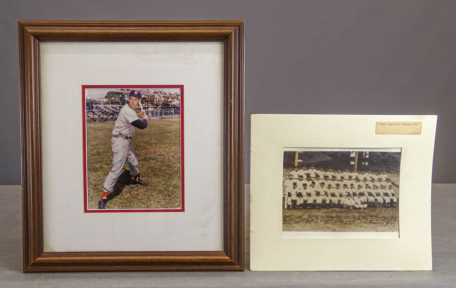 Ted Williams Autographed Photo: Lot including: Ted Williams autographed Baseball photo, info verso, item not guaranteed (19" x 17"), 1949 reprint Yankees photo (overall 12" x 14").