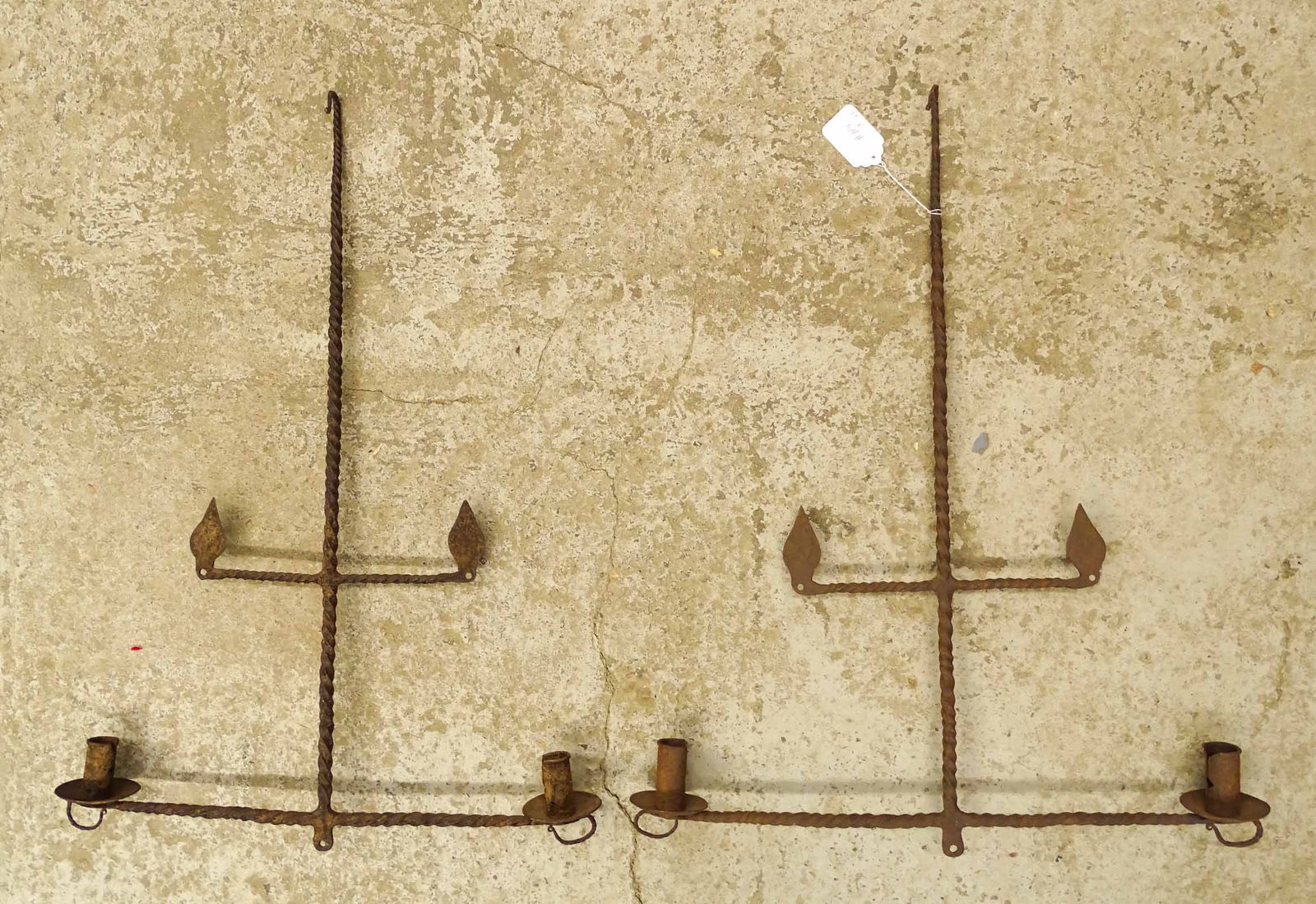Pair of Blacksmith Made Hanging Candle Holders: Pair of blacksmith made hanging iron candle holders. 24" x 34".