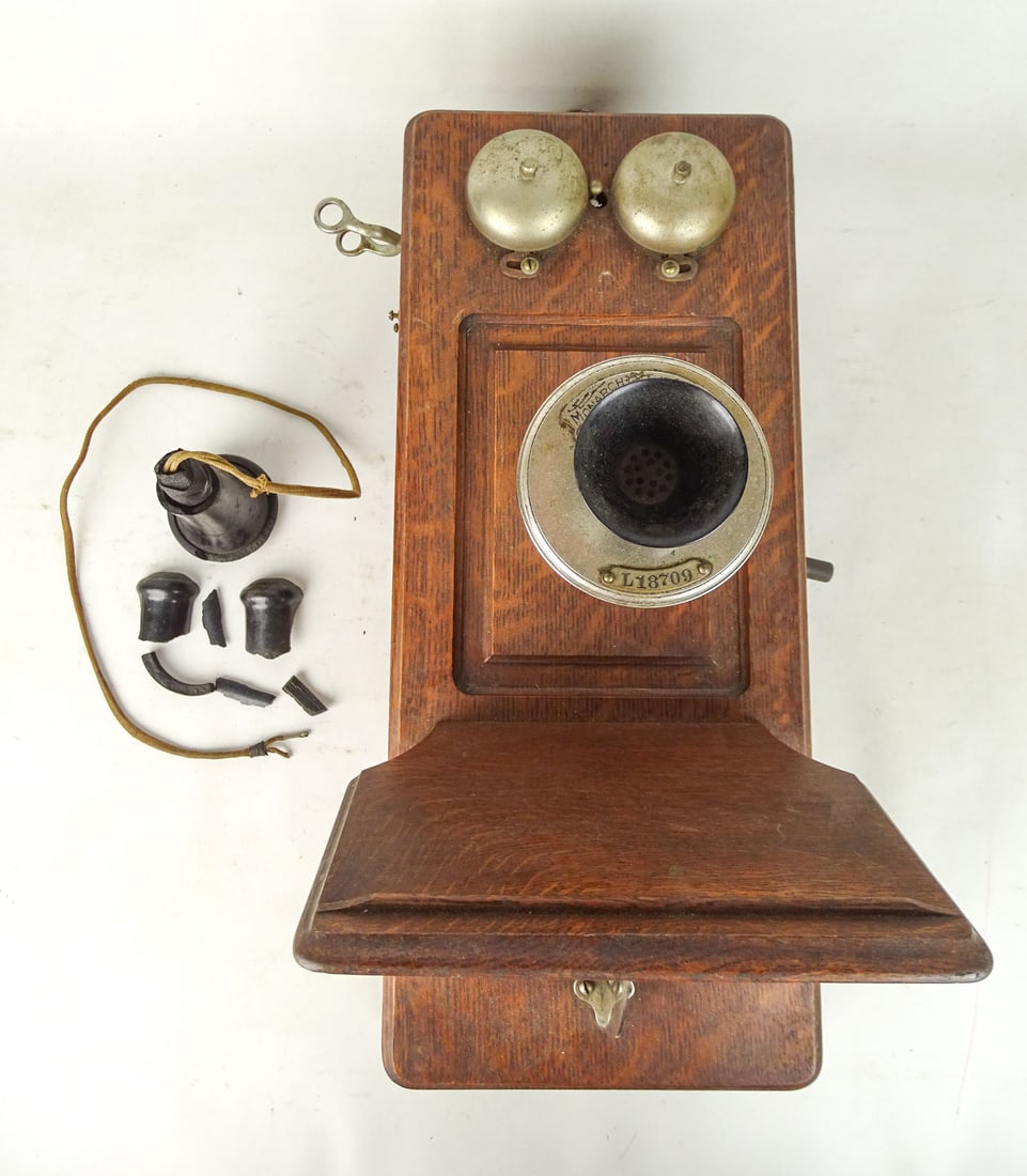 Antique Oak Telephone: Antique oak telephone. 21" x 9" x 12". As is, see photos for details of damage.