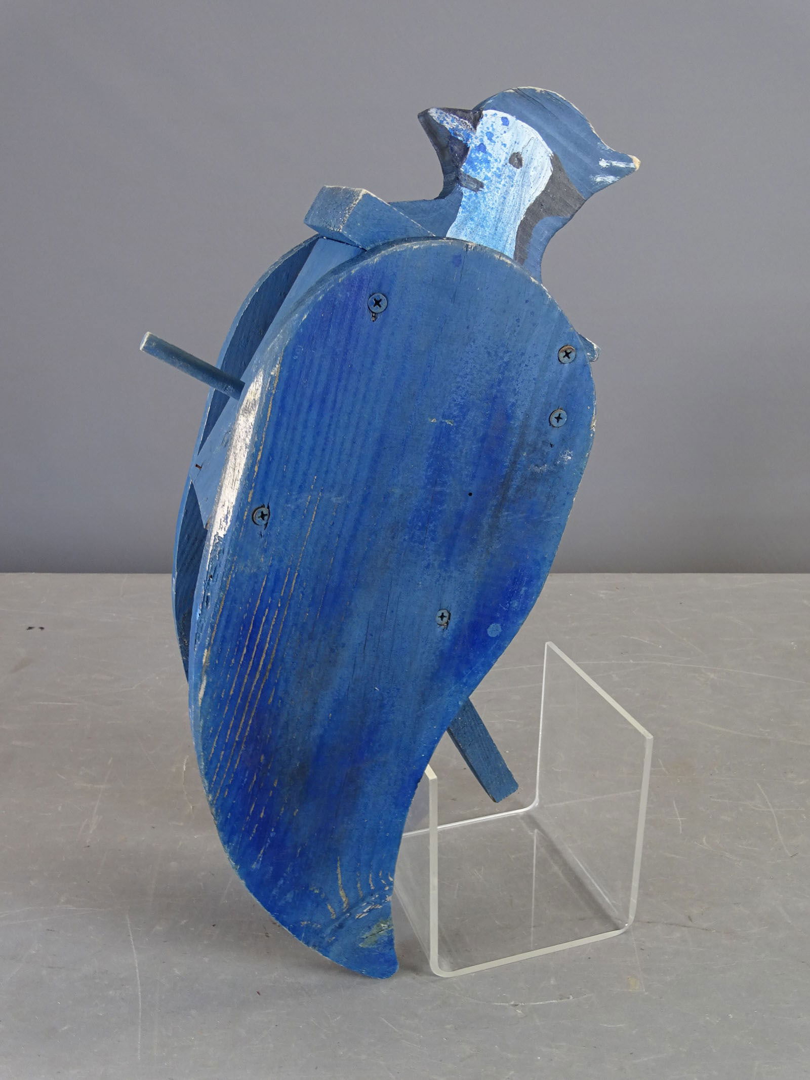 Folk Art Birdhouse: Folk art wooden Bluejay birdhouse. 18" x 7" x 5".