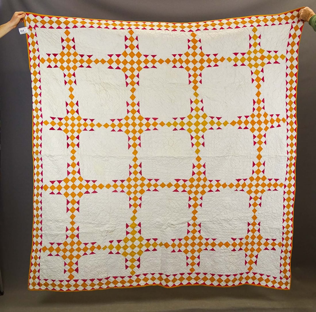 C. 1880 Stars Quilt: C. 1880's cheddar and red Stars quilt. 72" x 75".