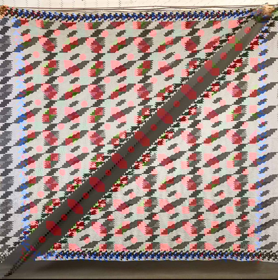 C. 1880 9 Patch Quilt: C. 1880's 9 Patch Prussian bar and border quilt. 80" x 88".