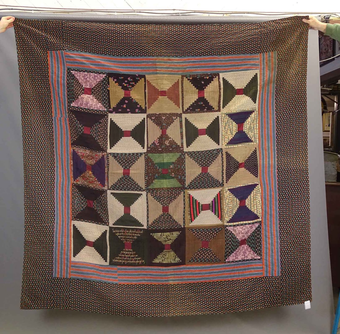 C. 1860 Log Cabin Quilt: C. 1860 wool Challis Log Cabin quilt. 82" x 82".
