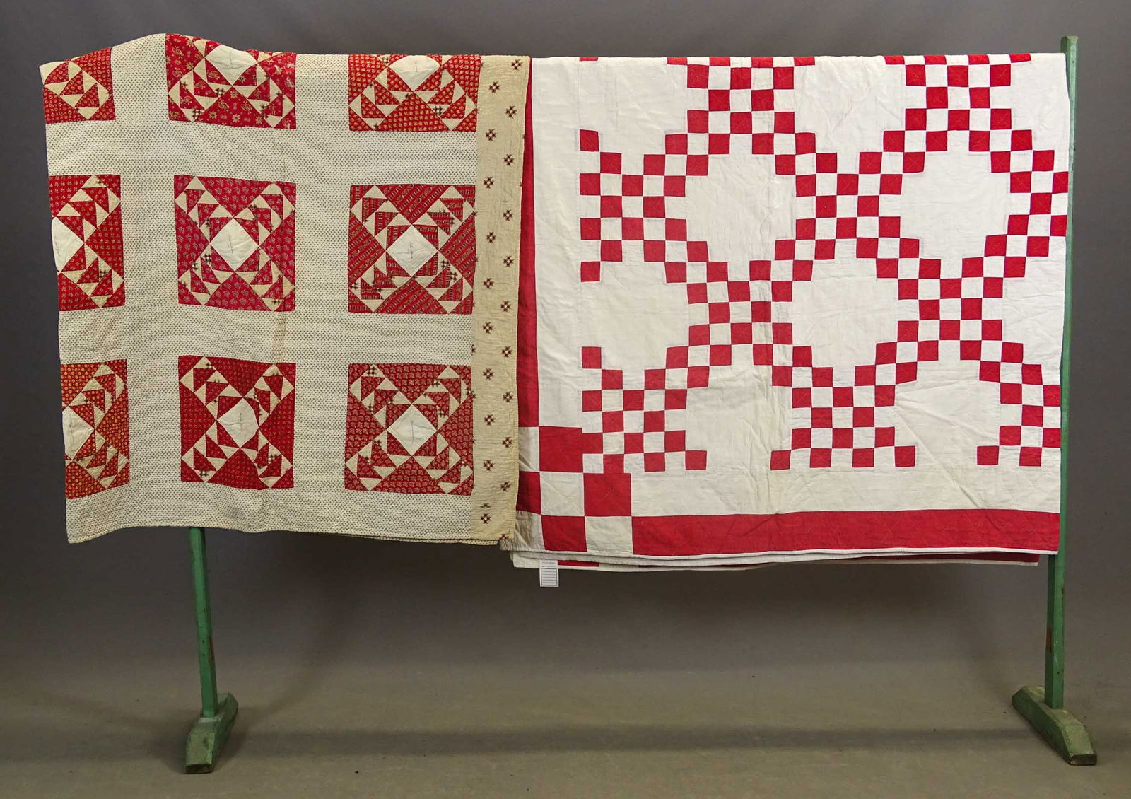 Quilt Lot: Lot (2) quilts including: C. 1850 red and white Friendship (75" x 75"), and red and white Irish Chain (84" x 90").