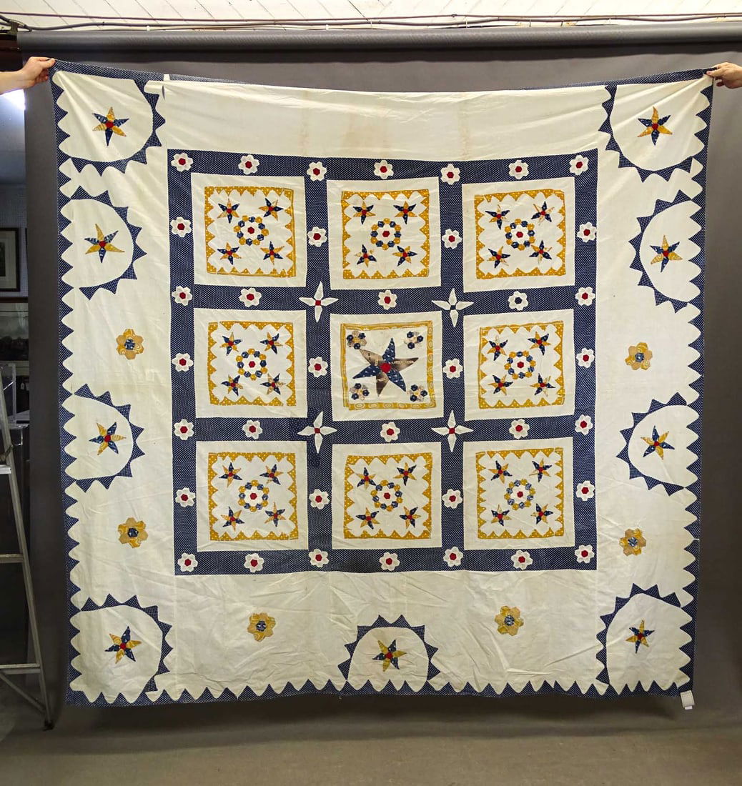 C. 1880 Summer Spread Quilt: C. 1880 summer spread quilt with multiple borders. 82" x 86".