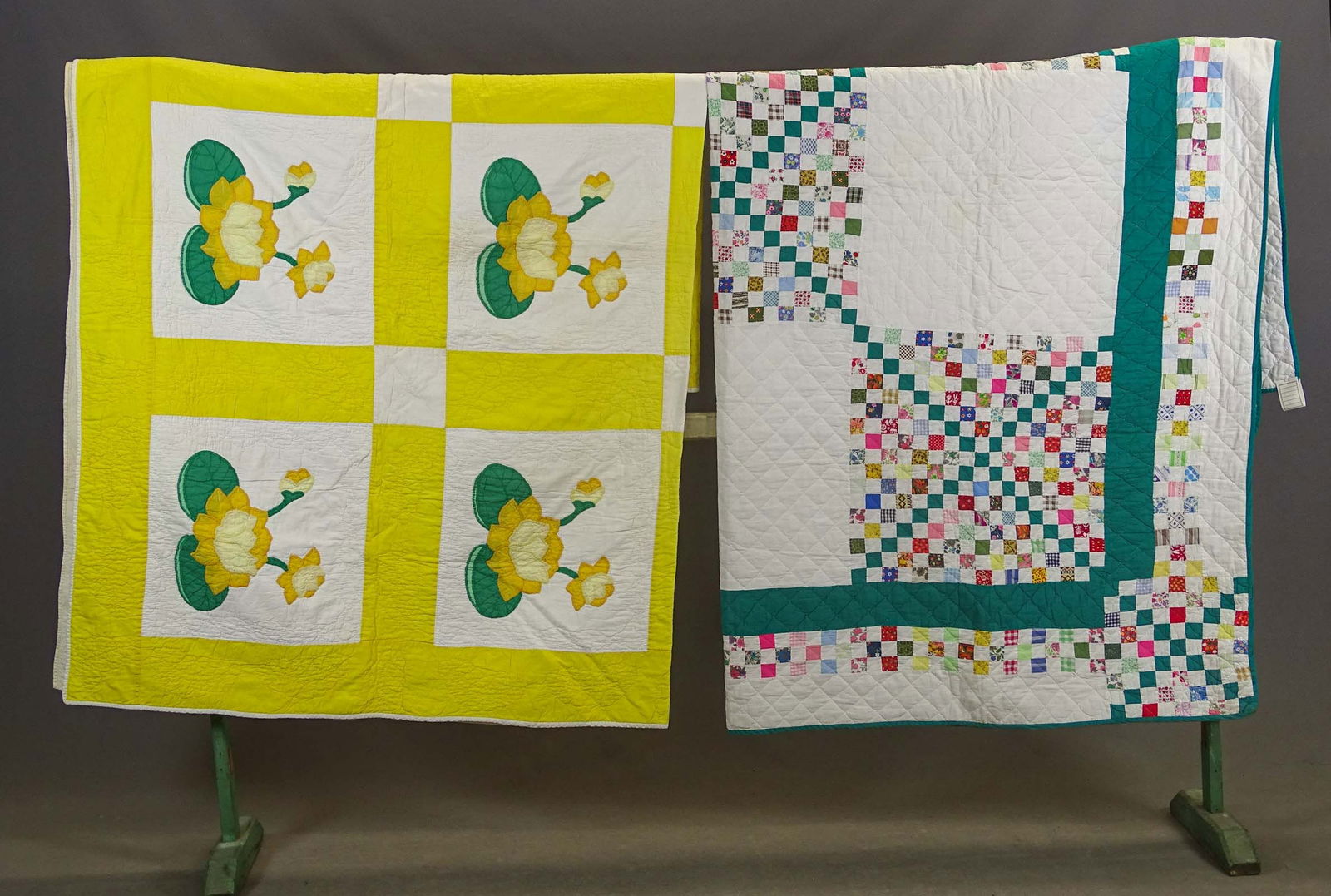 Quilt Lot: Lot (2) quilts including: C. 1940 Postage Stamps (75" x 80"), C. 1940's Lillypad applique (68" x 88").
