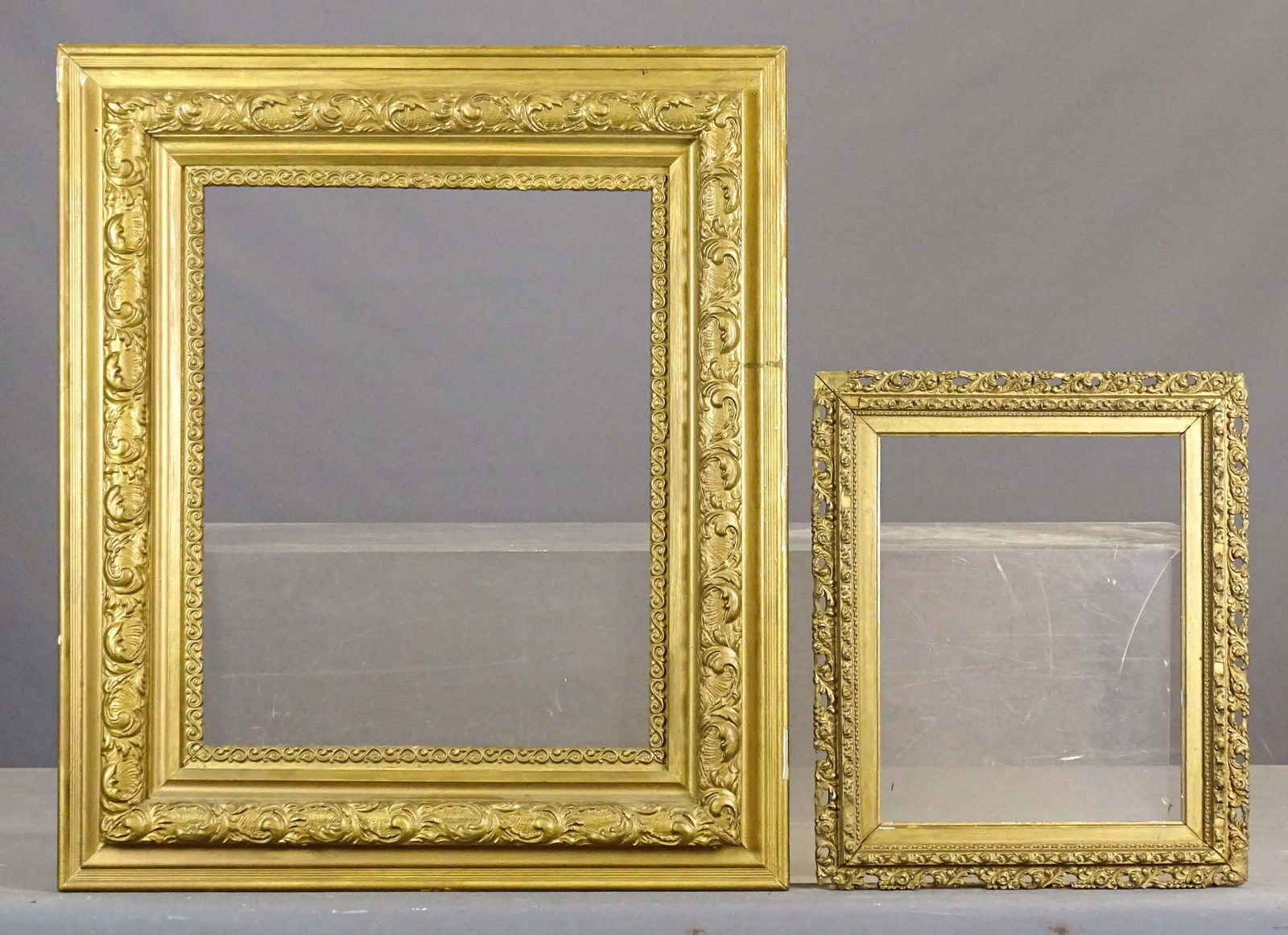 Frame Lot: Lot (2) antique frames. Rabbet size 14" x 11", overall 18" x 15", the other rabbet size 16" x 20", overall 29" x 25".