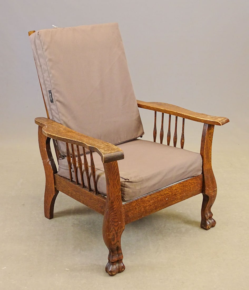Morris Chair: C. 1900 oak Morris chair with cushions. 30" x 27" x 38" Ht..