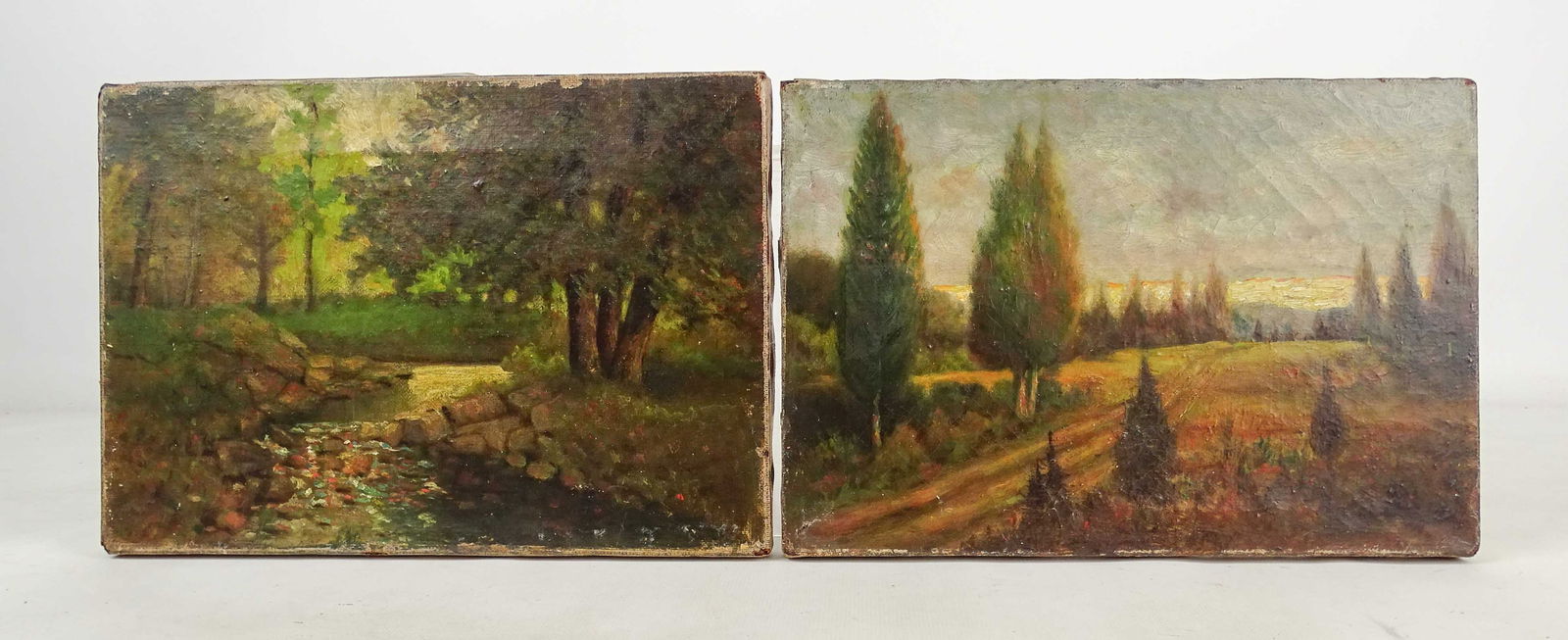Painting Lot: (2) 19th c. Landscapes: Painting lot: (2) 19th c. unframed landscapes. According to consignor location is Littleton N.H.. Unframed 7" x 10". Restoration info included.