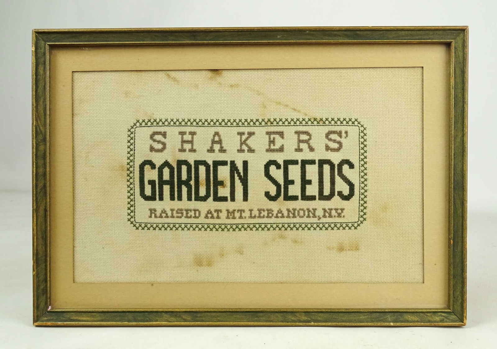 Shaker Garden Seeds Needlework: Needlework: "SHAKERS' GARDEN SEEDS RAISED AT MT. LEBANON, N.Y.". Overall in frame 9" x 12 1/2".