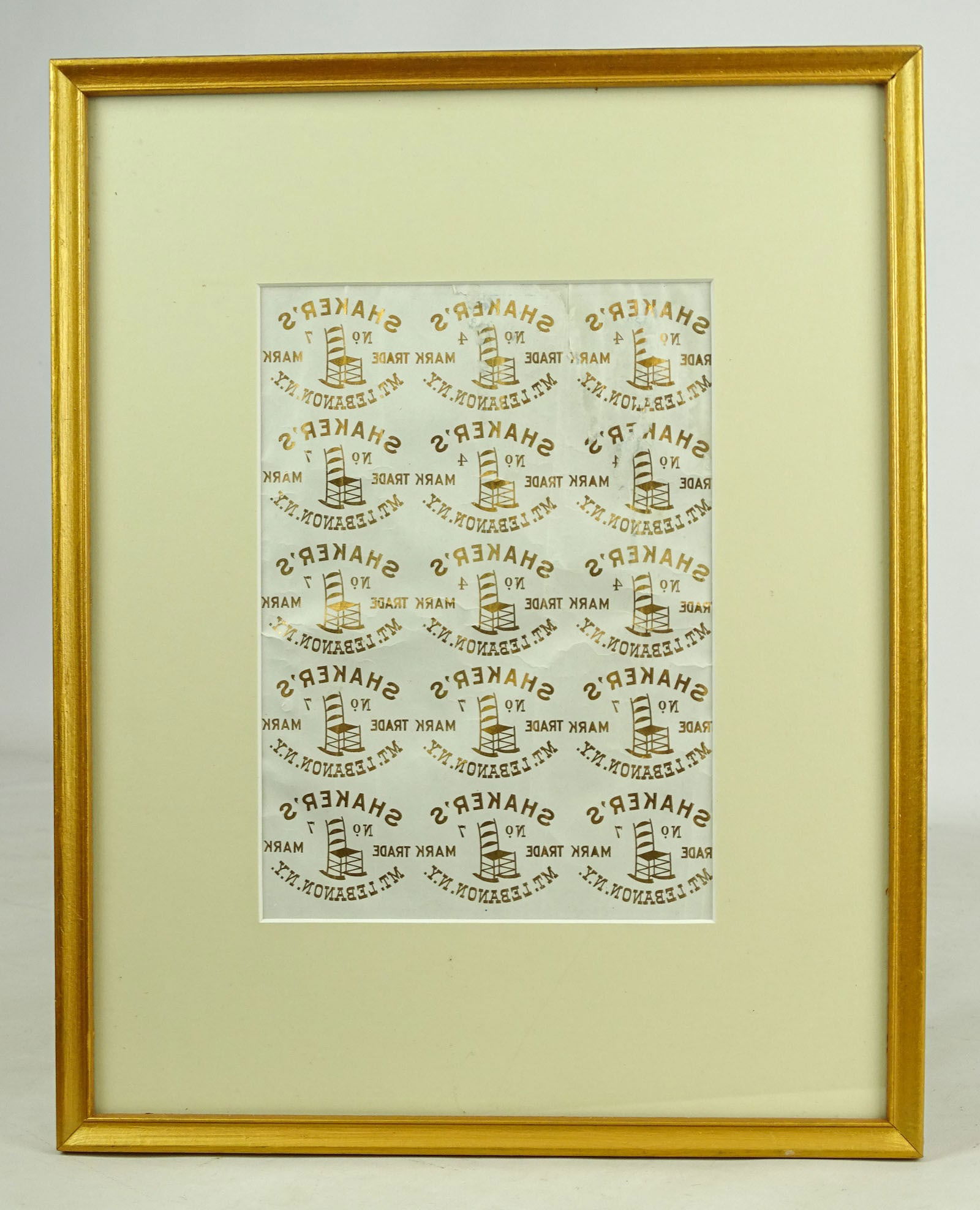 Shaker Label: Framed Shaker chairs label sheet. Overall in frame 15" x 11 1/2".